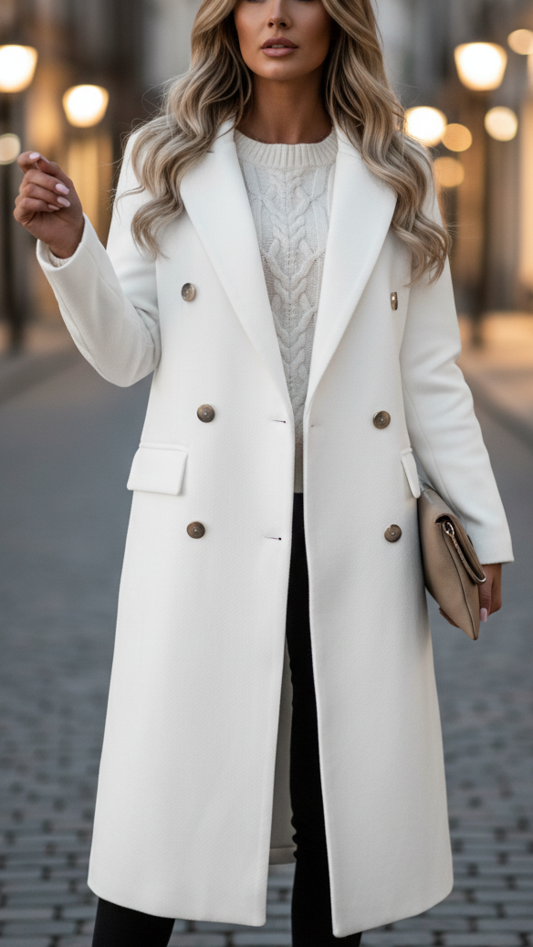 Clay - Women's Double-Breasted Longline Coat with Notch Lapels