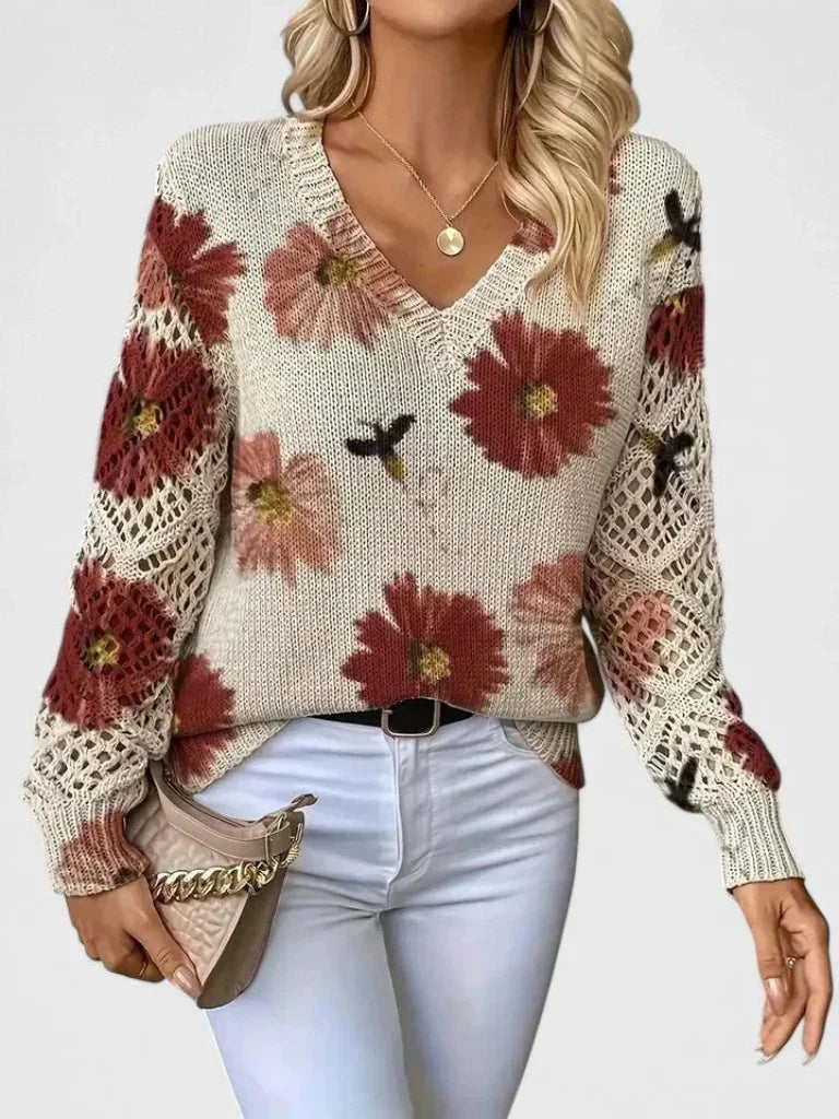 Cordelia - Women's Floral Knit Sweater with Openwork Cuffs