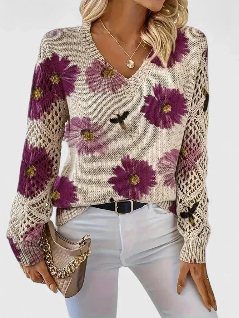 Cordelia - Women's Floral Knit Sweater with Openwork Cuffs