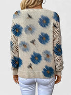 Cordelia - Women's Floral Knit Sweater with Openwork Cuffs
