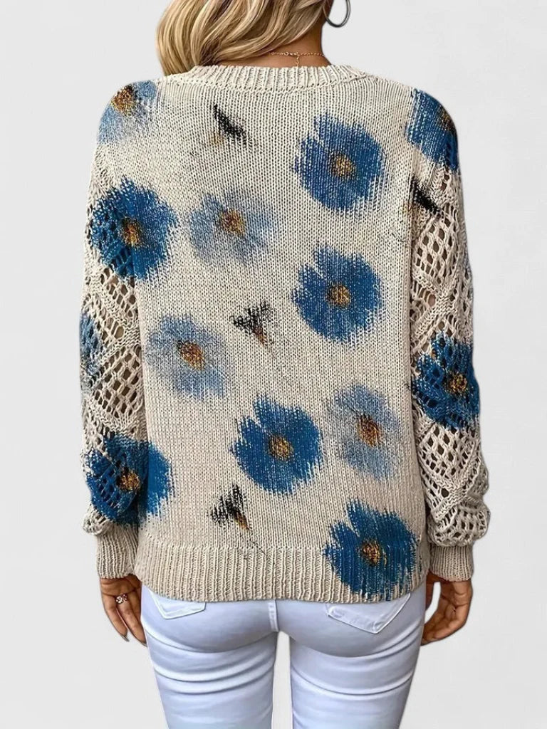 Cordelia - Women's Floral Knit Sweater with Openwork Cuffs