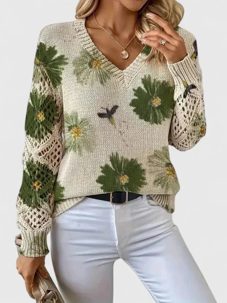 Cordelia - Women's Floral Knit Sweater with Openwork Cuffs