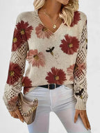 Cordelia - Women's Floral Knit Sweater with Openwork Cuffs