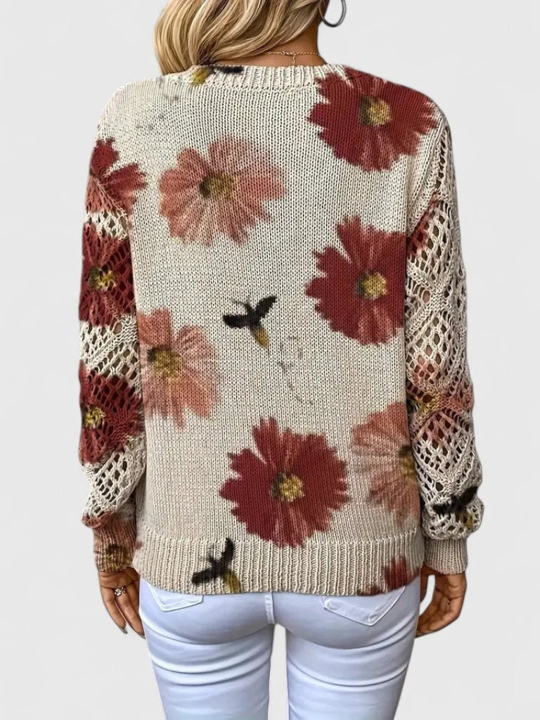 Cordelia - Women's Floral Knit Sweater with Openwork Cuffs