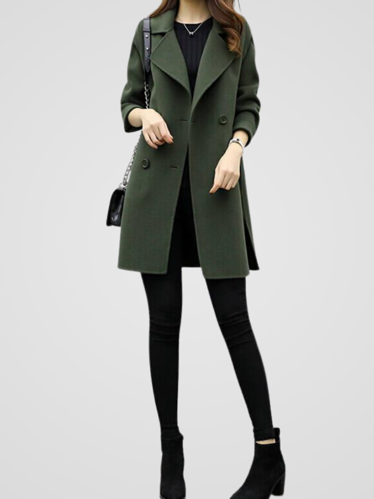 Edna - Women's Double-Breasted Longline Coat with Notch Lapels