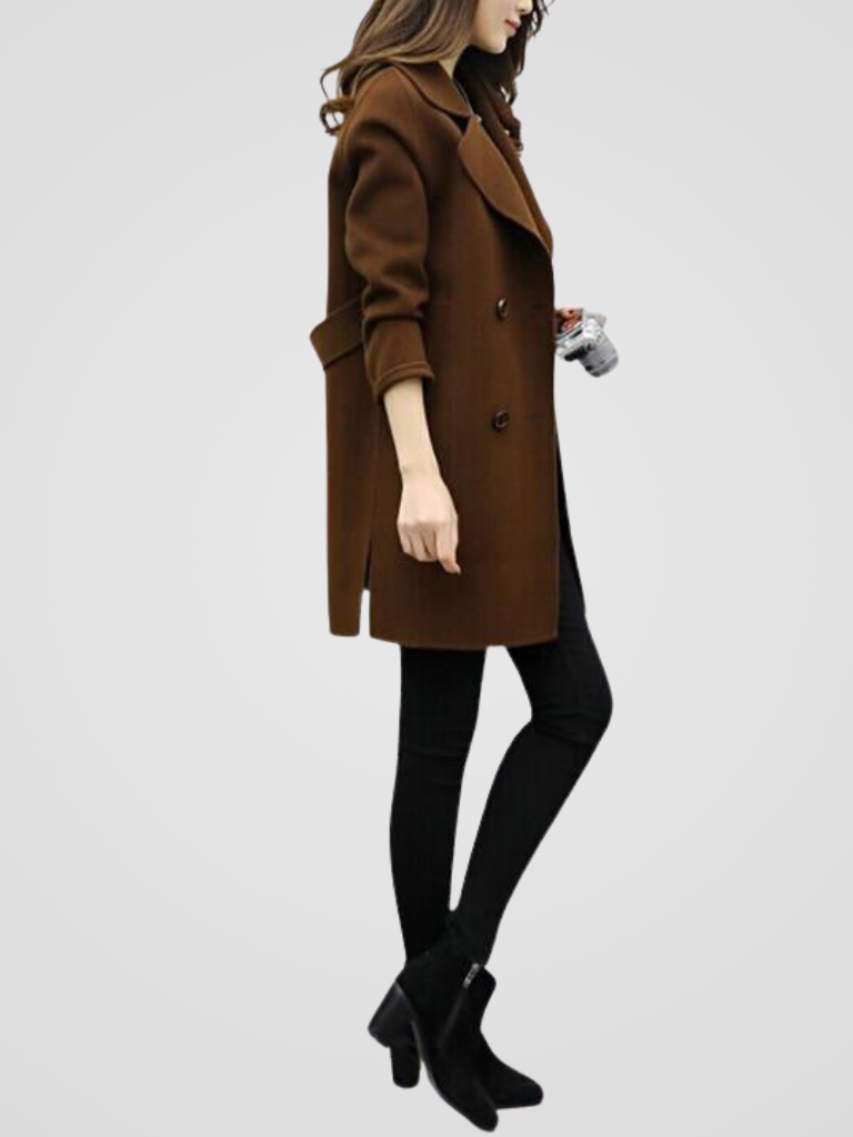 Edna - Women's Double-Breasted Longline Coat with Notch Lapels