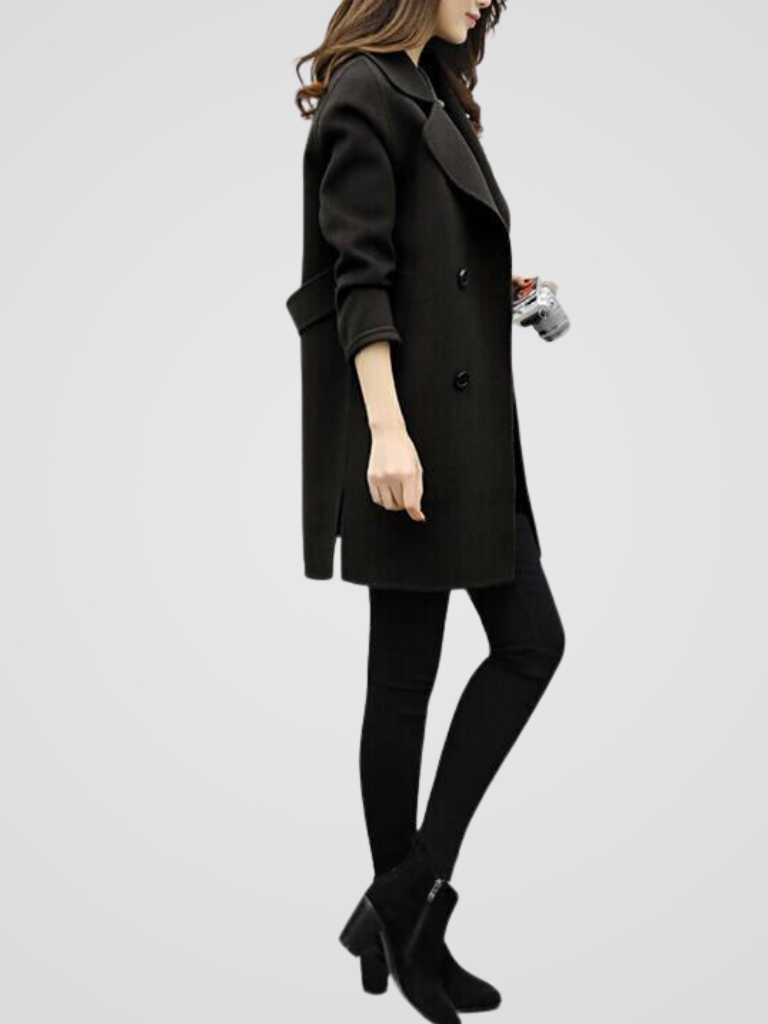 Edna - Women's Double-Breasted Longline Coat with Notch Lapels