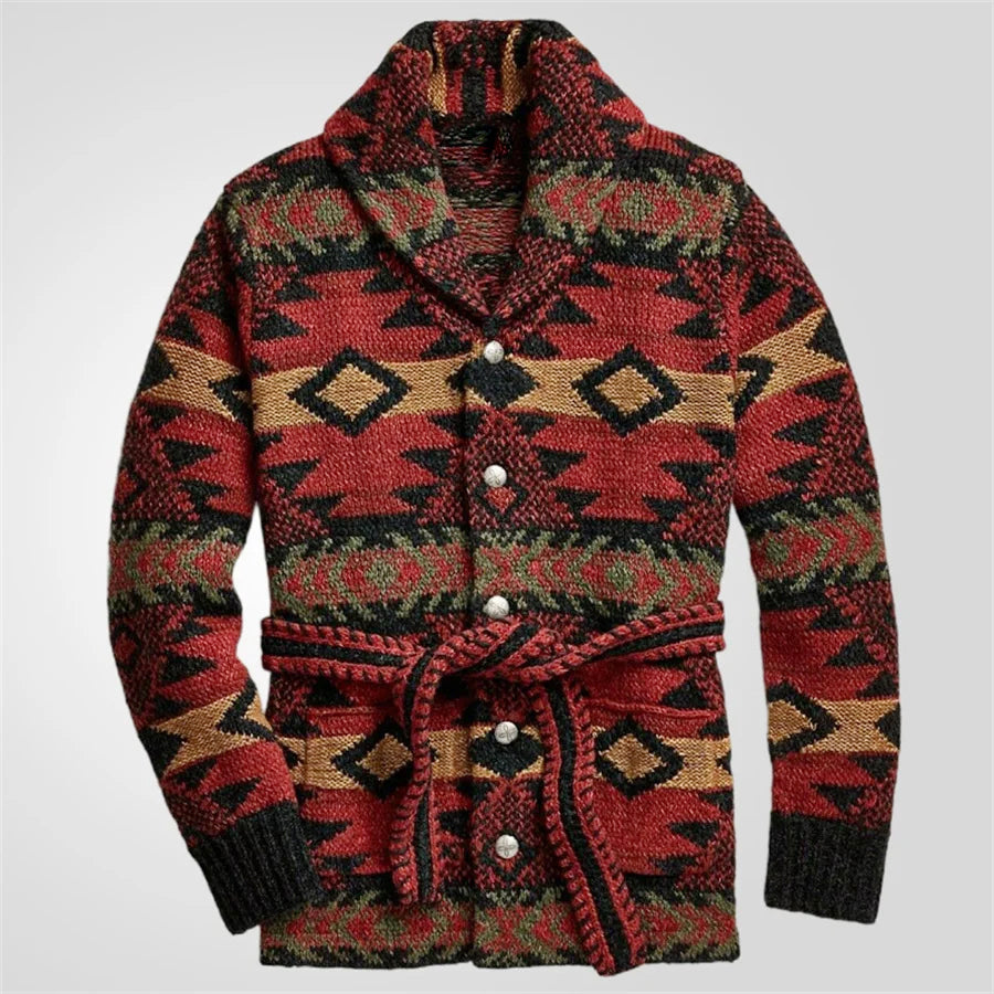 Elias - Men's Belted Shawl Collar Cardigan with Geometric Knit