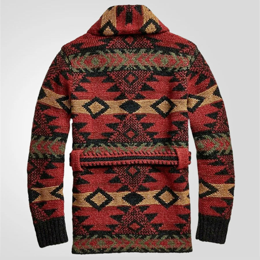 Elias - Men's Belted Shawl Collar Cardigan with Geometric Knit