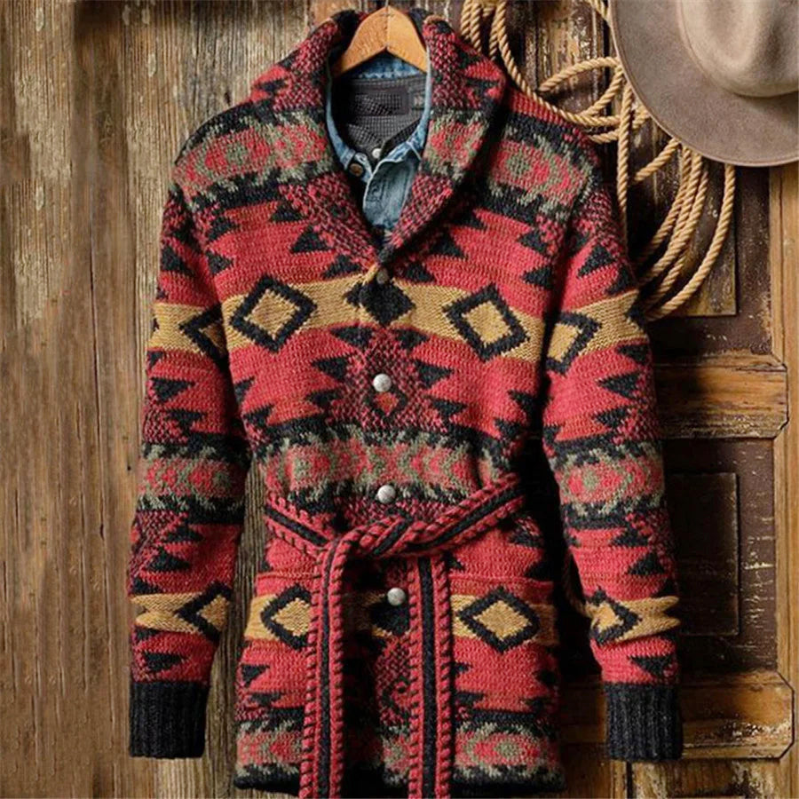 Elias - Men's Belted Shawl Collar Cardigan with Geometric Knit