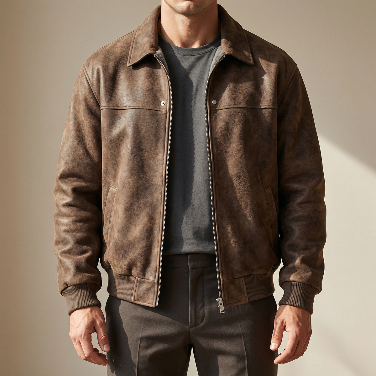 Elliott - Men's Suede Bomber Jacket with Ribbed Cuffs