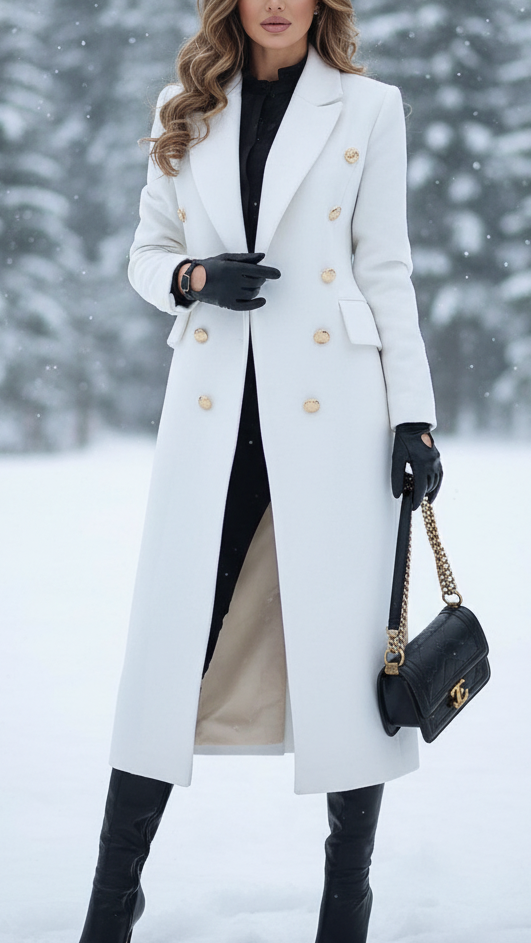 Erica - Women's Double-Breasted Longline Coat with Gold-Tone Buttons