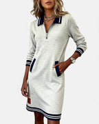 Evangeline - Women's Polo Collar Zip Dress with Striped Trim