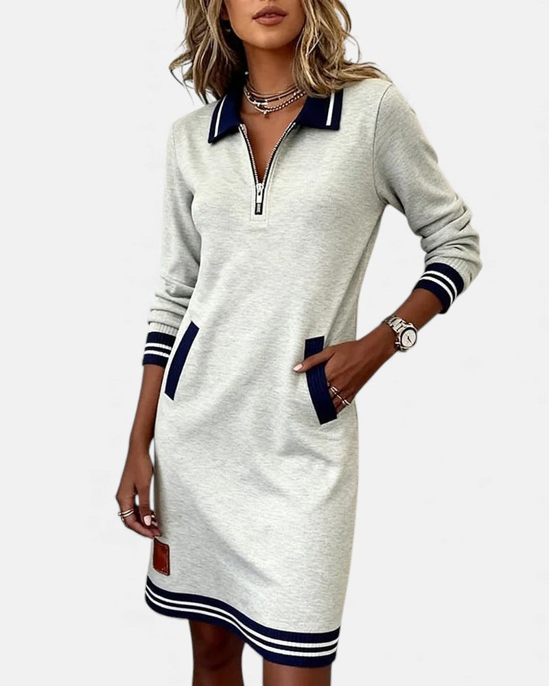 Evangeline - Women's Polo Collar Zip Dress with Striped Trim