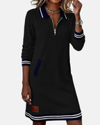 Evangeline - Women's Polo Collar Zip Dress with Striped Trim