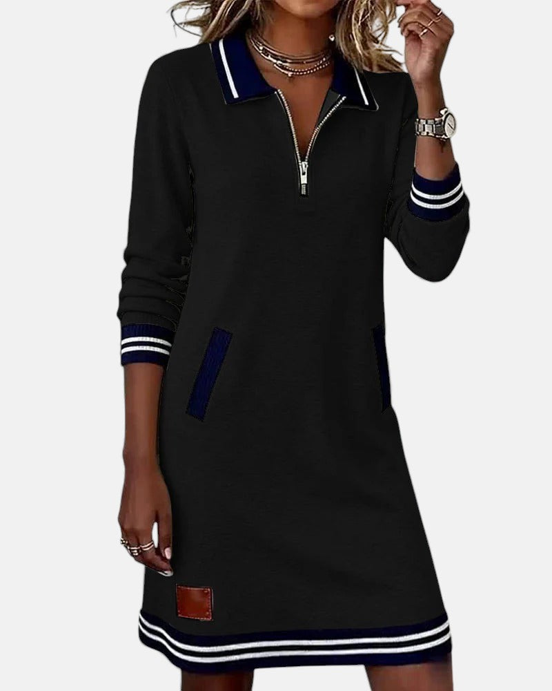 Evangeline - Women's Polo Collar Zip Dress with Striped Trim