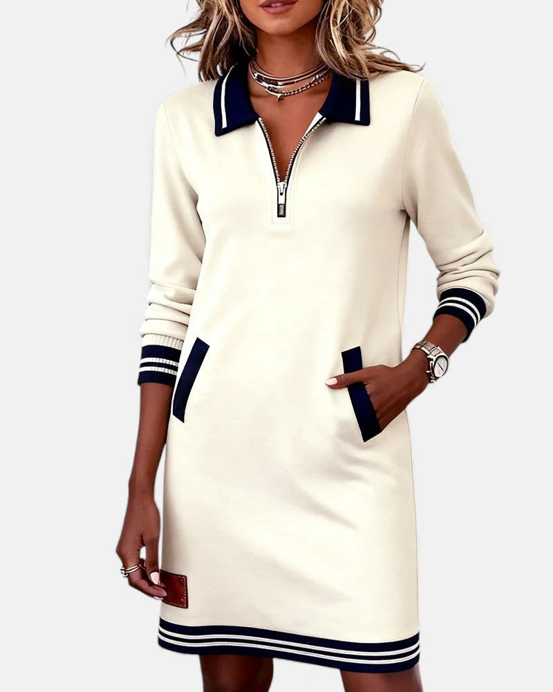 Evangeline - Women's Polo Collar Zip Dress with Striped Trim