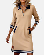 Evangeline - Women's Polo Collar Zip Dress with Striped Trim