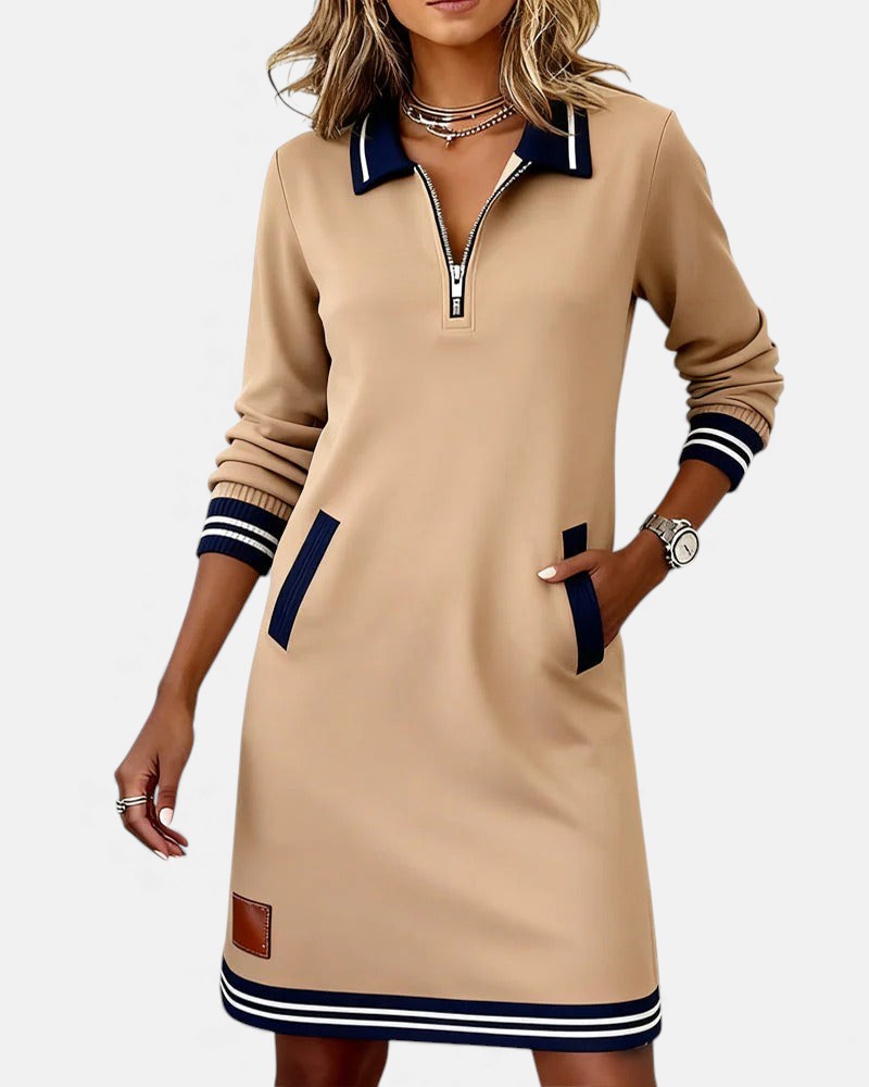 Evangeline - Women's Polo Collar Zip Dress with Striped Trim