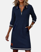 Evangeline - Women's Polo Collar Zip Dress with Striped Trim