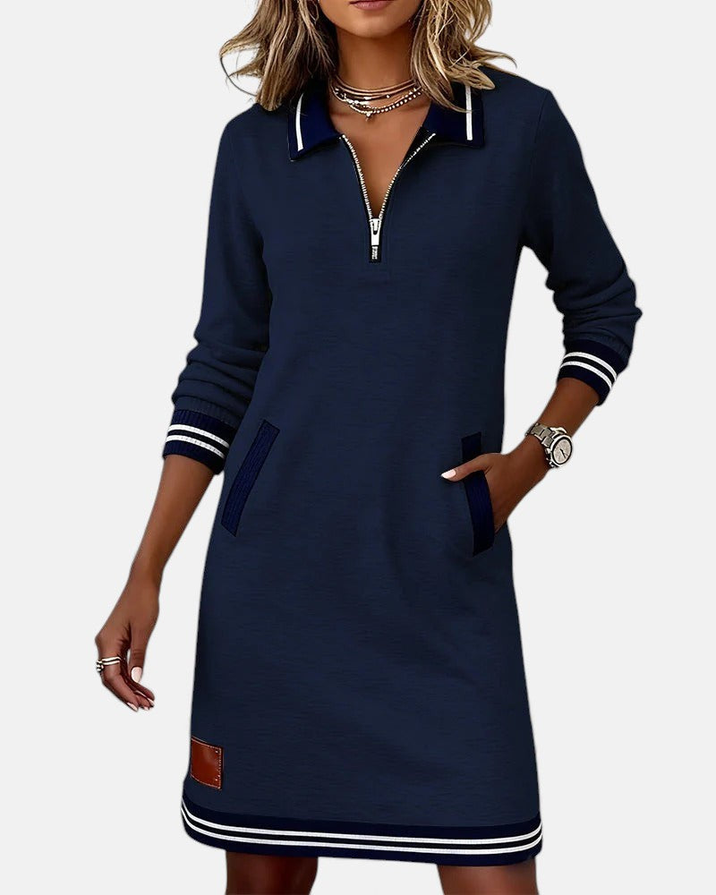 Evangeline - Women's Polo Collar Zip Dress with Striped Trim