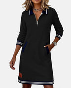Evangeline - Women's Polo Collar Zip Dress with Striped Trim