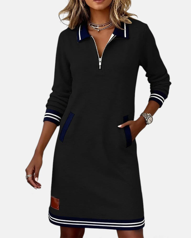 Evangeline - Women's Polo Collar Zip Dress with Striped Trim