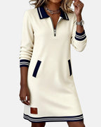 Evangeline - Women's Polo Collar Zip Dress with Striped Trim