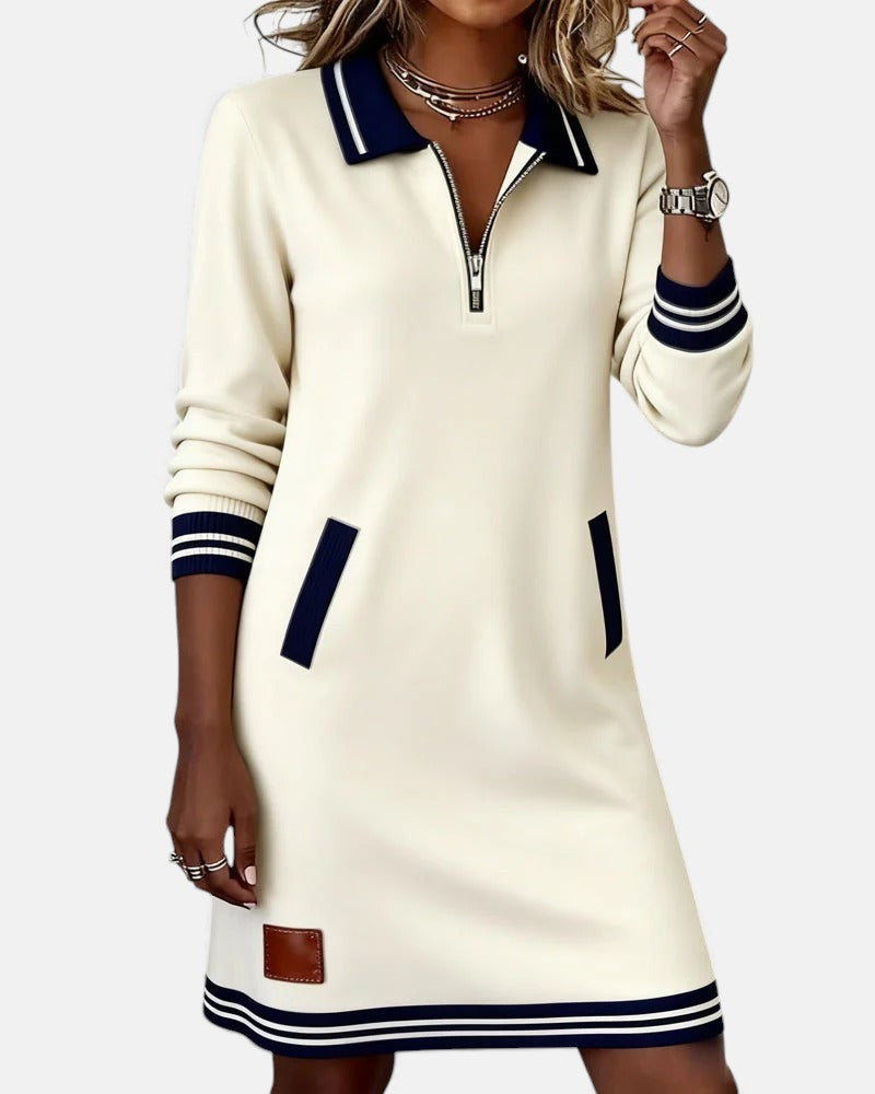Evangeline - Women's Polo Collar Zip Dress with Striped Trim