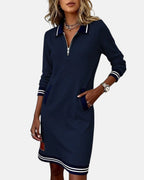 Evangeline - Women's Polo Collar Zip Dress with Striped Trim