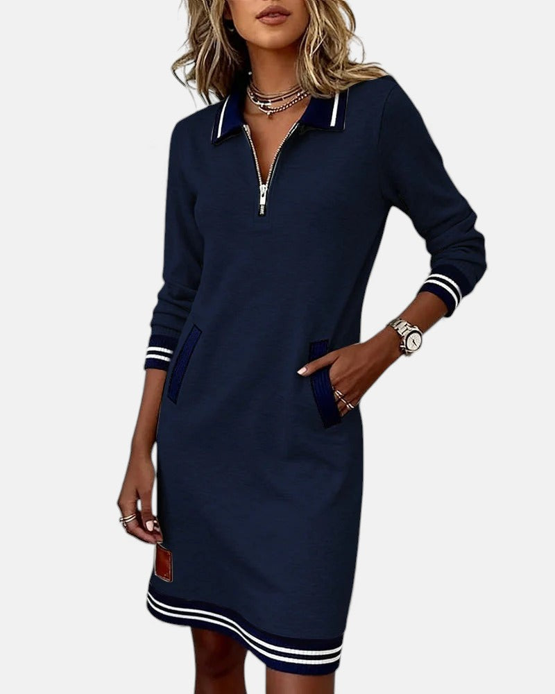 Evangeline - Women's Polo Collar Zip Dress with Striped Trim
