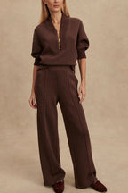 Everly - Women's Half-Zip Knit Pullover & Wide-Leg Pant Set