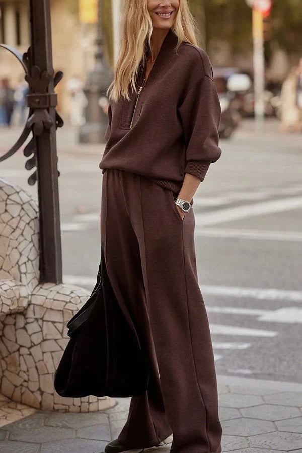 Everly - Women's Half-Zip Knit Pullover & Wide-Leg Pant Set