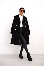 Flora - Women's Double-Breasted Longline Coat with Peak Lapels