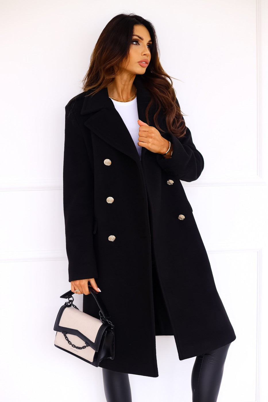 Flora - Women's Double-Breasted Longline Coat with Peak Lapels