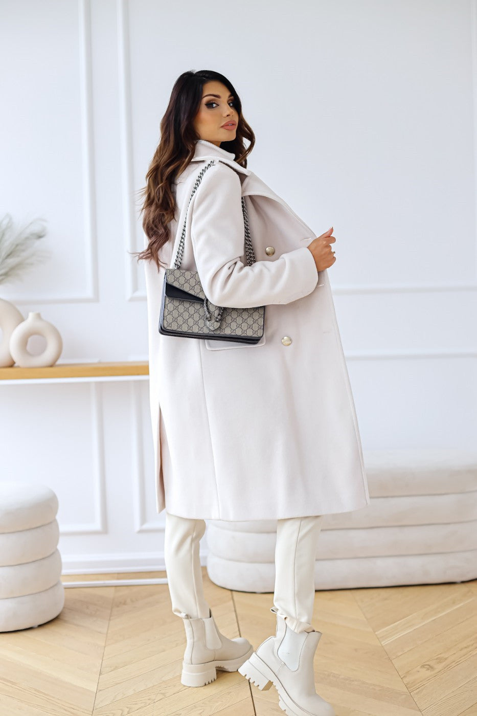 Flora - Women's Double-Breasted Longline Coat with Peak Lapels