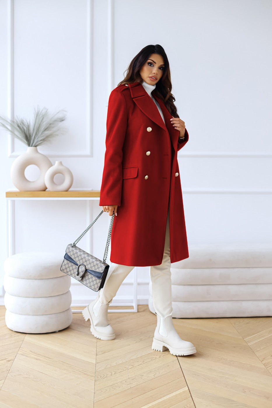 Flora - Women's Double-Breasted Longline Coat with Peak Lapels