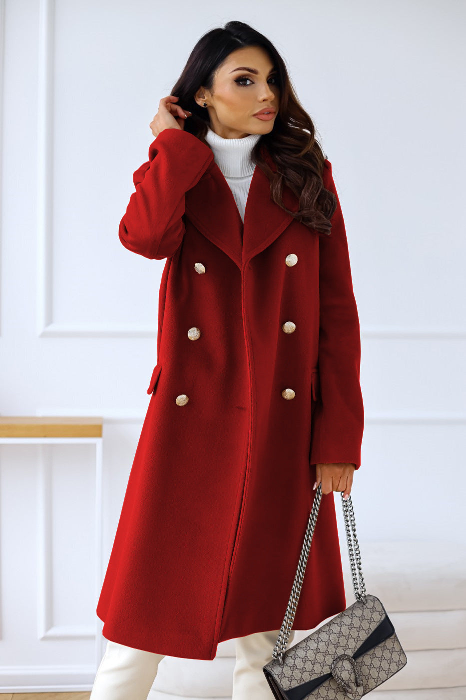 Flora - Women's Double-Breasted Longline Coat with Peak Lapels
