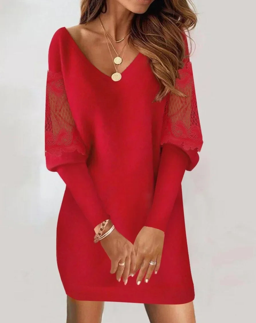 Gemma - Women's Puff-Sleeve Shift Dress with Lace Details