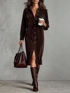 Heather - Women's Corduroy Shirt Dress with Chest Pockets