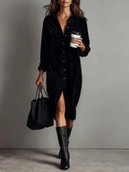 Heather - Women's Corduroy Shirt Dress with Chest Pockets