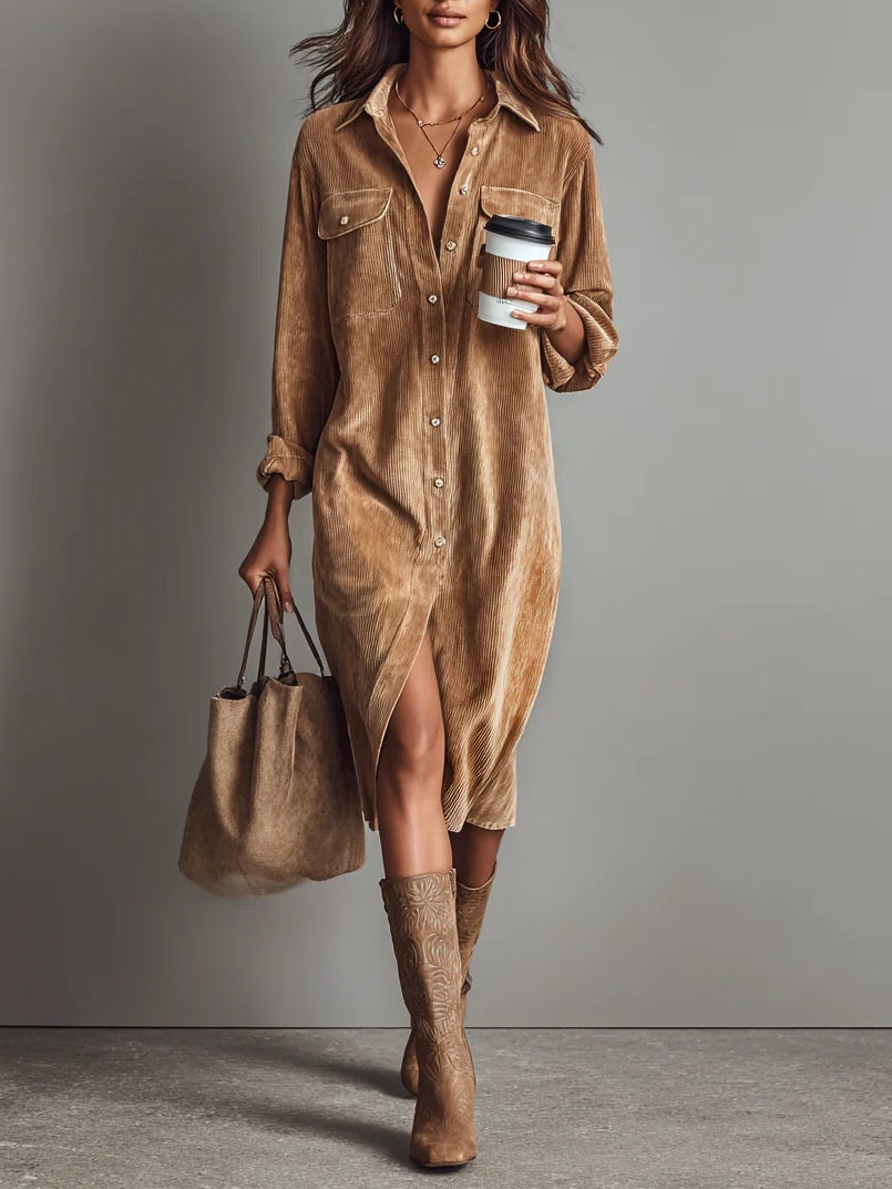 Heather - Women's Corduroy Shirt Dress with Chest Pockets