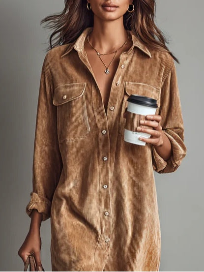 Heather - Women's Corduroy Shirt Dress with Chest Pockets