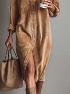Heather - Women's Corduroy Shirt Dress with Chest Pockets