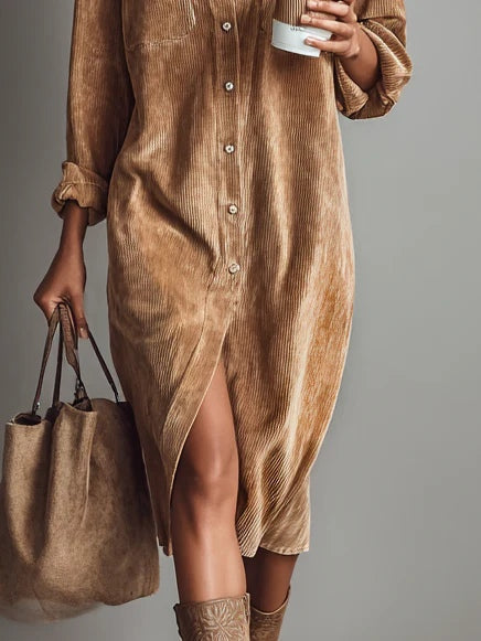 Heather - Women's Corduroy Shirt Dress with Chest Pockets
