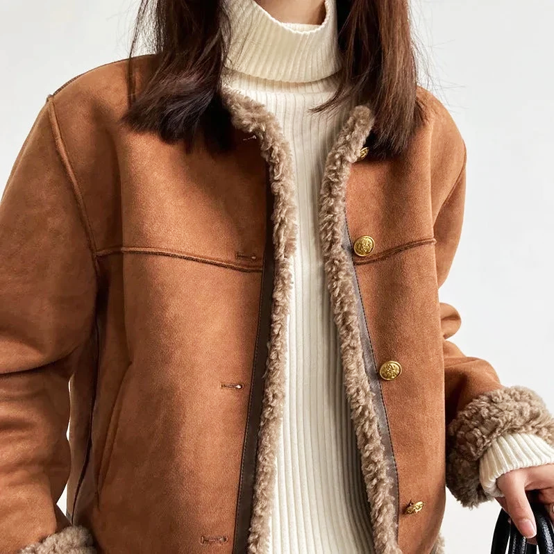 Heidi - Women's Button-Front Sherpa-Lined Faux Suede Jacket