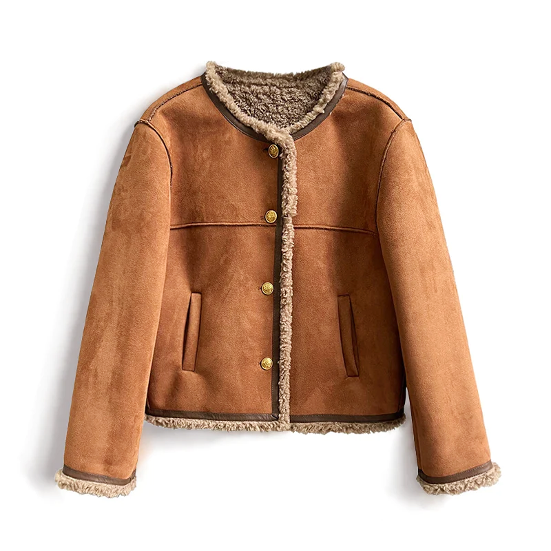 Heidi - Women's Button-Front Sherpa-Lined Faux Suede Jacket
