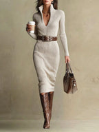 Hope - Women's Belted Ribbed V-Neck Midi Dress