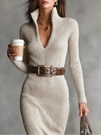 Hope - Women's Belted Ribbed V-Neck Midi Dress