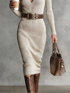 Hope - Women's Belted Ribbed V-Neck Midi Dress